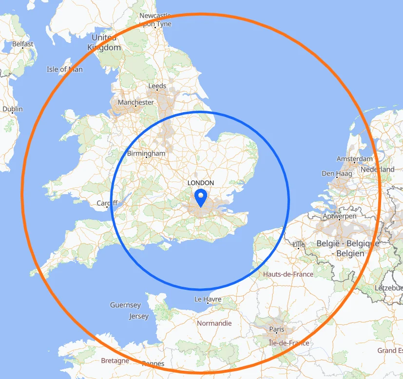 Map of where the DA40 can reach within 2 hours
