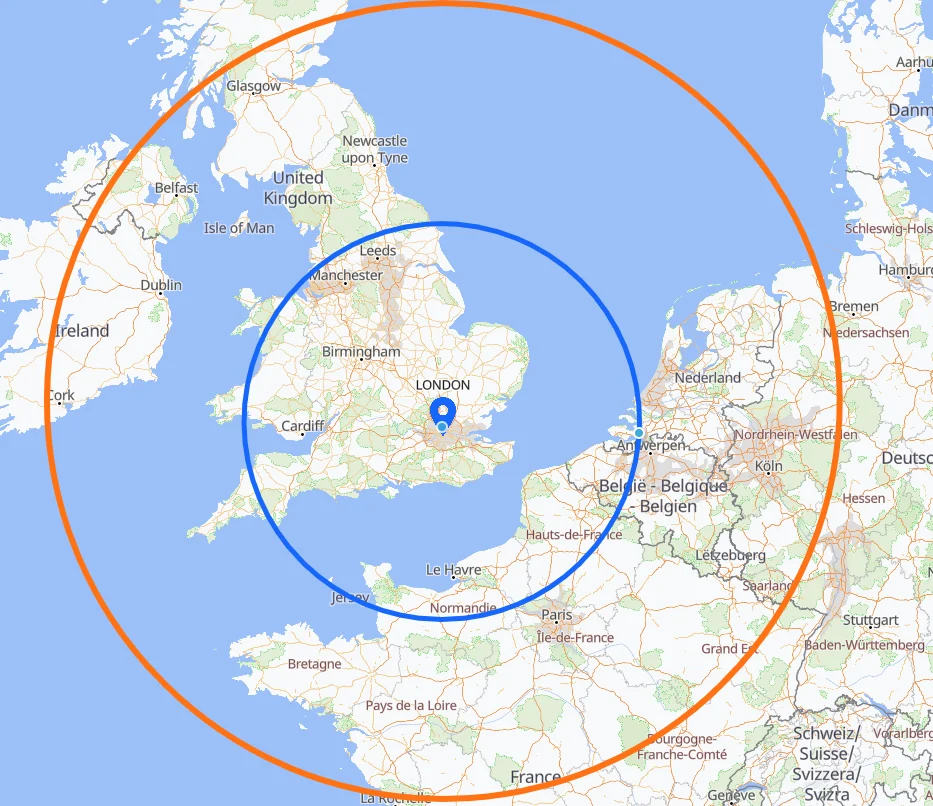 Map of where the DA42 can reach within 2 hours