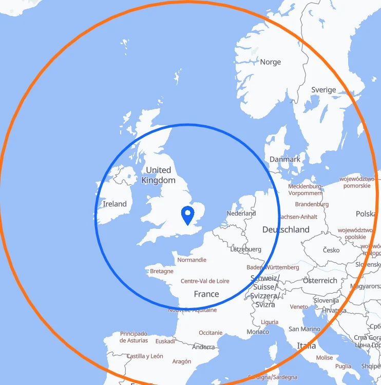 Map of where the Eclipse can reach within 2 hours