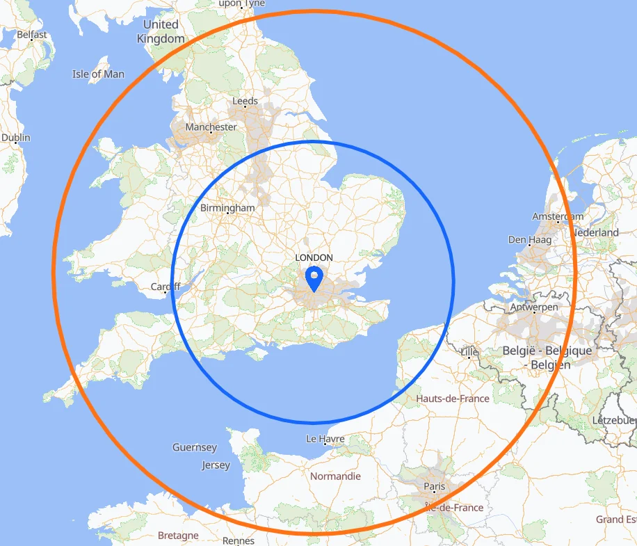 Map of where the PA28 can reach within 2 hours
