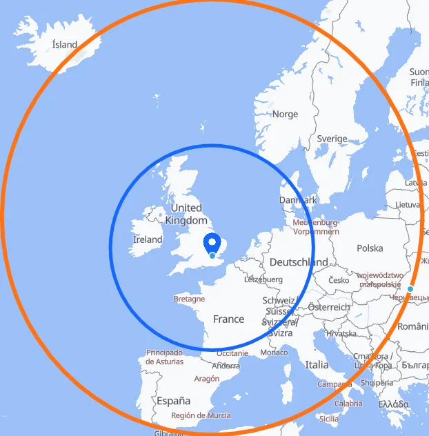 Map of where the Phenom can reach within 2 hours