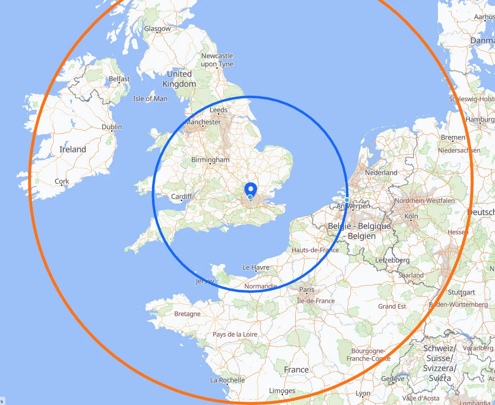 Map of where the SR22 can reach within 2 hours