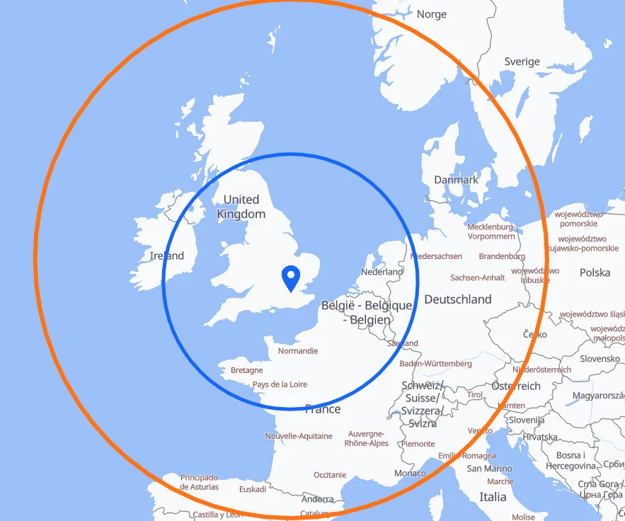 Map of where the Vision Jet can reach within 2 hours